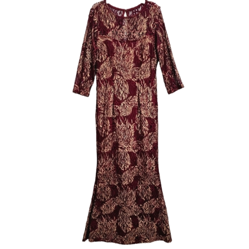 Marina Maroon/Gold Metalic Foiled Lace Illusion Neckline/Sleeves Maxidress
